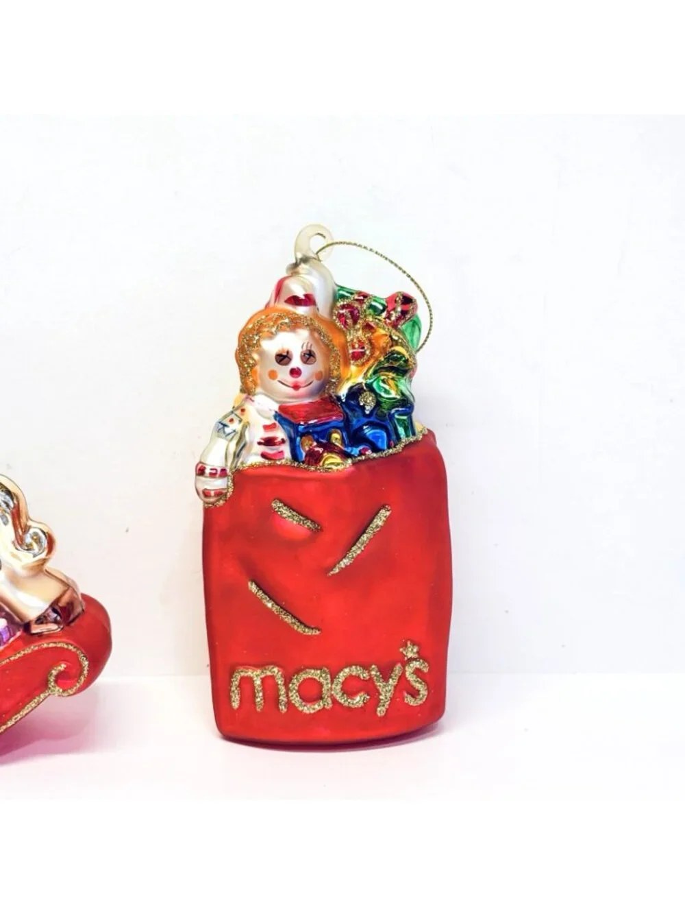 Macy's Lot of 2 Glass Ornaments Elf Rocking Horse Bag of Gifts